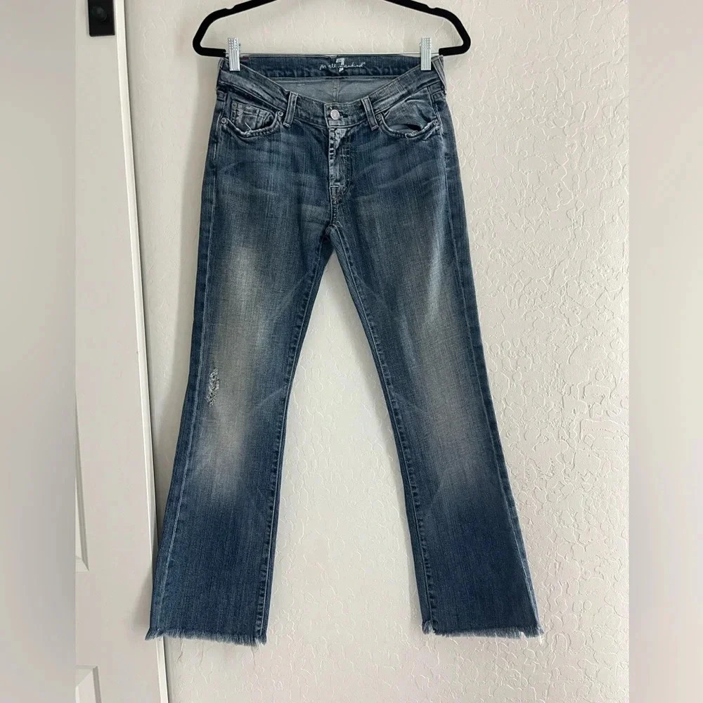 7 For All Mankind jeans 28 bootcut denim distressed raw hem flare western pants - Picture 1 of 5
